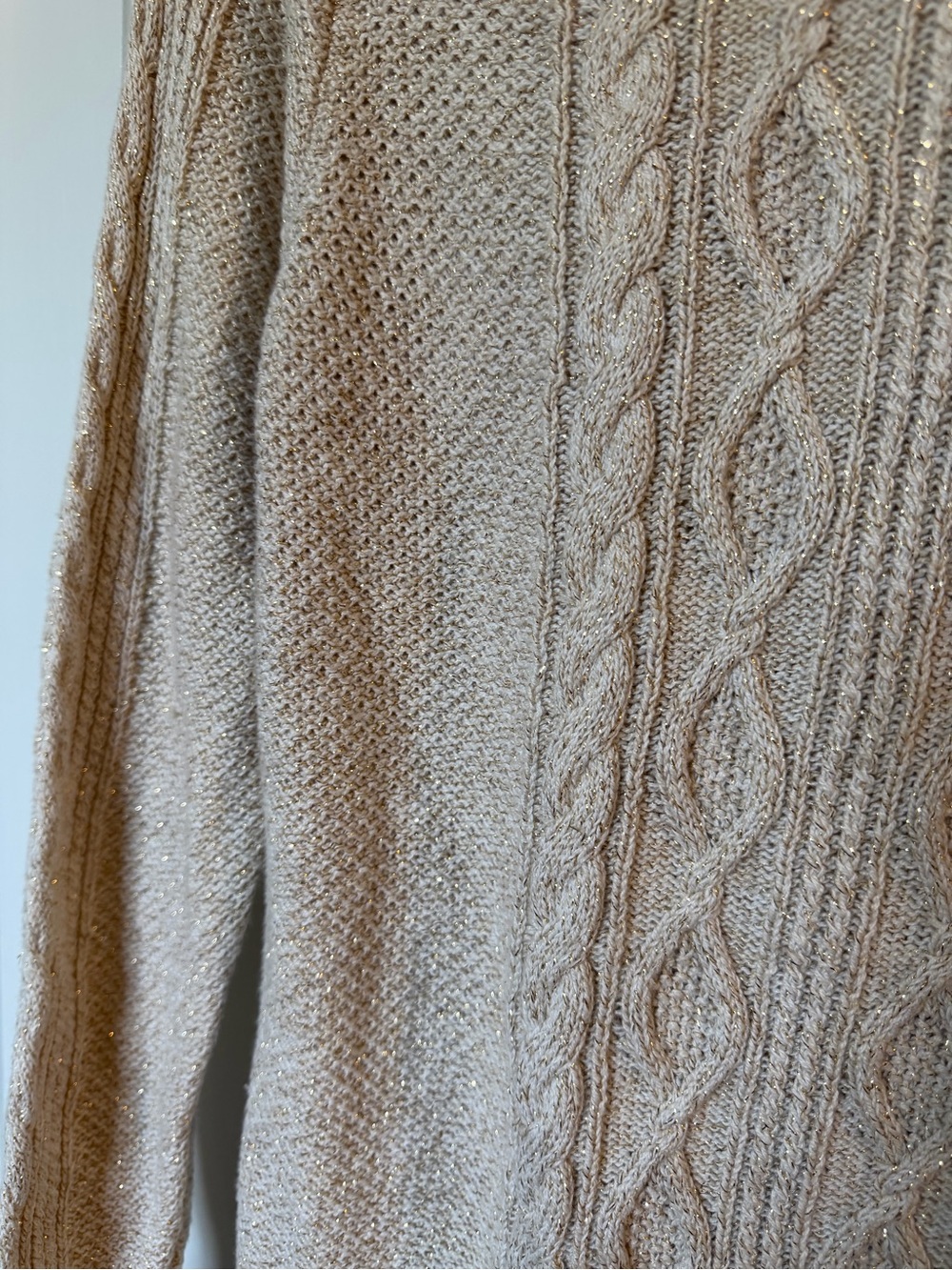 Crown & Ivy Petite Cable Knit Metallic Sweater Beige Gold Shimmer PM - Picture 5 of 11